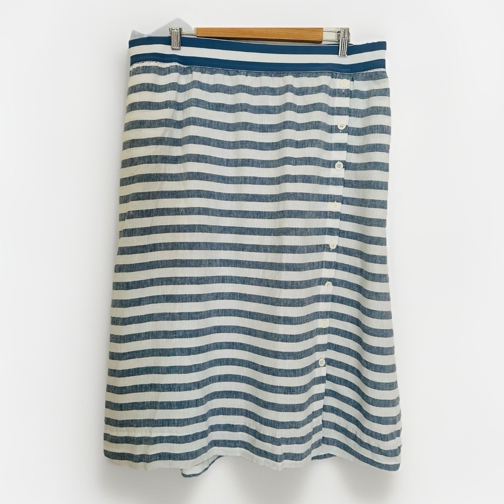 J Jill Love Linen Blue White Stripe Midi Skirt Womens XL Petite Coastal A-Line